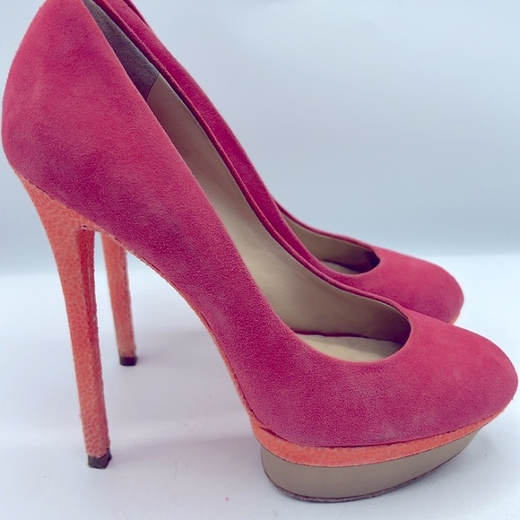 Brian Atwood Coral Suede and Orange Heels - Picture 4 of 9